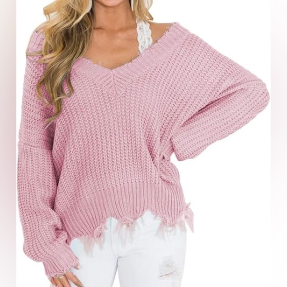 Elan Pink Distressed Chunky Knit Sweater V Neck Frayed Hem Medium
